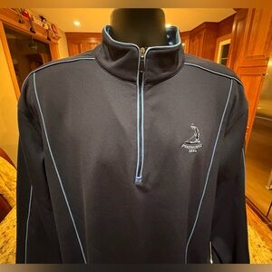 Men's Pinehurst country club quarter zip golf pullover. Sharp navy w/iconic logo